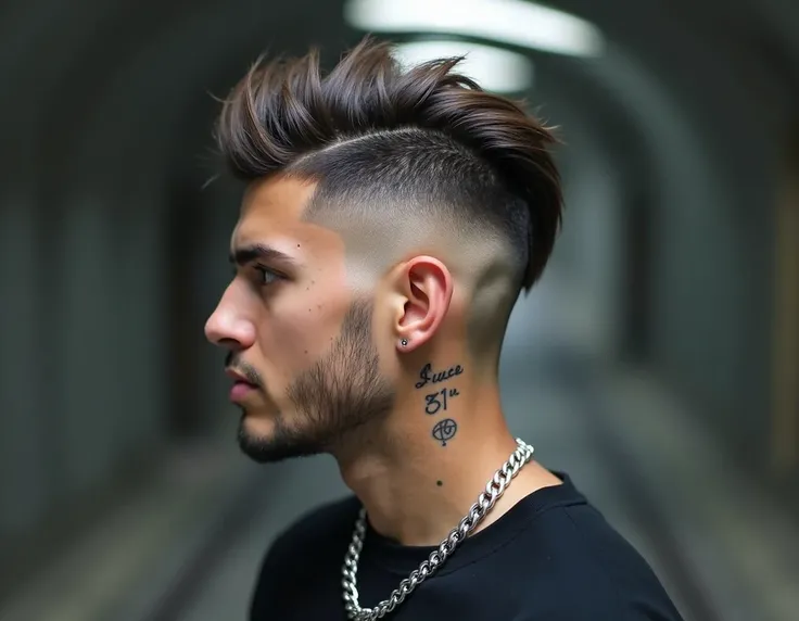 The image shows a stylish haircut. The hair on the sides and back is cut very short, while the hair on top is longer and combed back. This type of haircut is often called an "undercut" or "fade with a slicked-back top." Its a popular and trendy mens hairst...