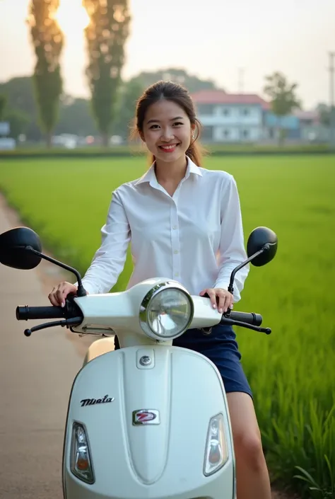 A young Thai woman sits on a white motorbike and smiles at the camera. She is wearing a white button-down short-sleeved shirt and a navy blue skirt. Her hair is tied in a ponytail, adding color to her face. The motorbike is parked on the side of the road w...