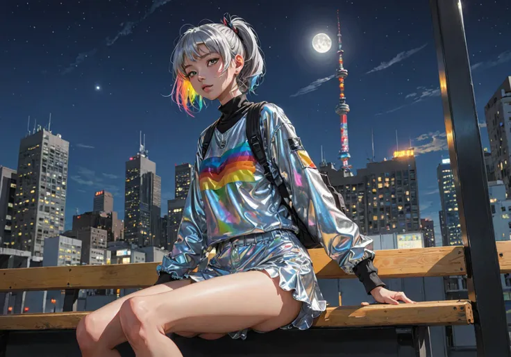 Anime Style,  1 girl, guitar,Song,bench,Black and White,moon,star, Short Bang ,  high ponytail,   silver-haired, Pointy ears, 生物発光する異starのジャングルの奥深く, [ Evangelion : Cyberpunk Edge Runners :0.5],  Reflective Transparent Rainbow Opaque Clothes ,  Long Sleeve ...