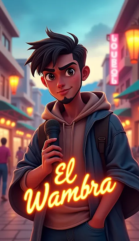 " A realistic and dynamic banner for the YouTube channel El Wambra ,  that looks like a photo taken with a cell phone .  The background presents a modern urban landscape with cultural elements from America ,  like a market or mountains on the horizon ,  al...