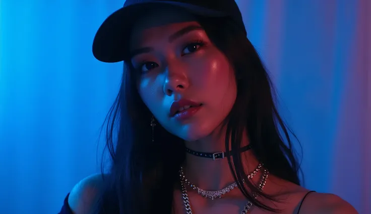 surreal Hip Hop Long-haired black close up sexy Asian Female body with black AJO Gold chain with diamond in her neck wearing a cap writing AJO rose gold stainless, blue light, Rapping with 111bpm beat count
