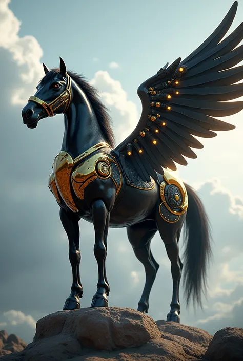 Create a black Pegasus with gold mechanical wings 