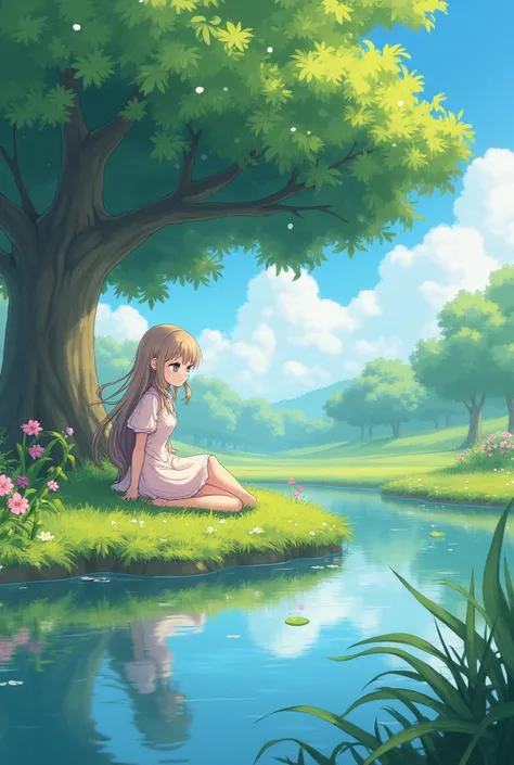 Anime girl in the park. This girl sat under a tree