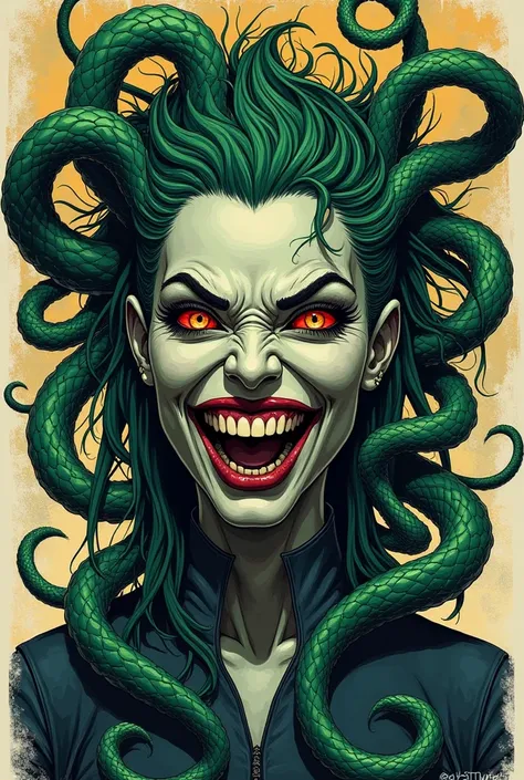 a marker drawing of Medusa, by Todd Lockwood, Marvel villain, medibang, from Witcher (2021), beautiful scary witch, colored woodcut, colored drawing, comic book art style, morbius, [[[[smiling wickedly] ]] ], visibly angry, comic book style