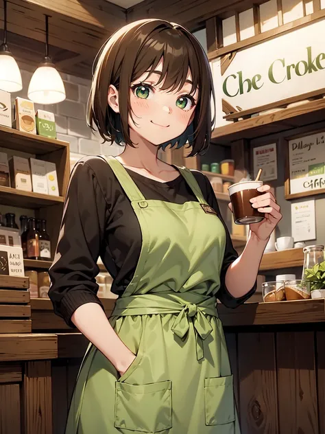 Brown Hair、Green Eyes、Short Hair、（Dark green apron、Coffee shop clerk:1.3）、shelf、female、A cozy cafe、smile、 College Student 、 closed mouth 、solo、 Anime Style :1.3