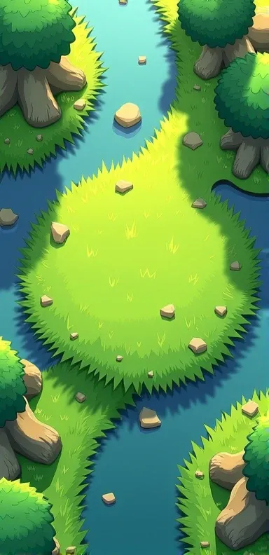 Model 2d of mobile game, top titled angel view 3d, Grass in the center, around there is water,most image is grass