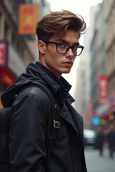 Brown-haired male, purple eyes, slender figure, glasses, blush, side view, street style clothes that show off the upper body