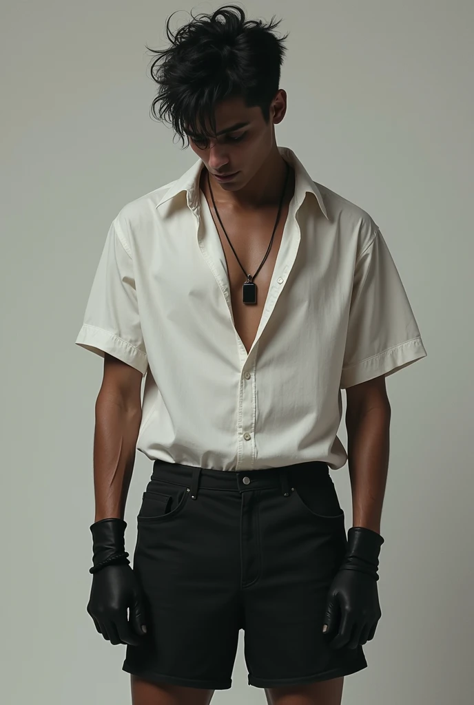 Male character with dark skin color with messy hair depressed face thin body black eyes white shirt black shorts Chilean black shorts and black gloves

