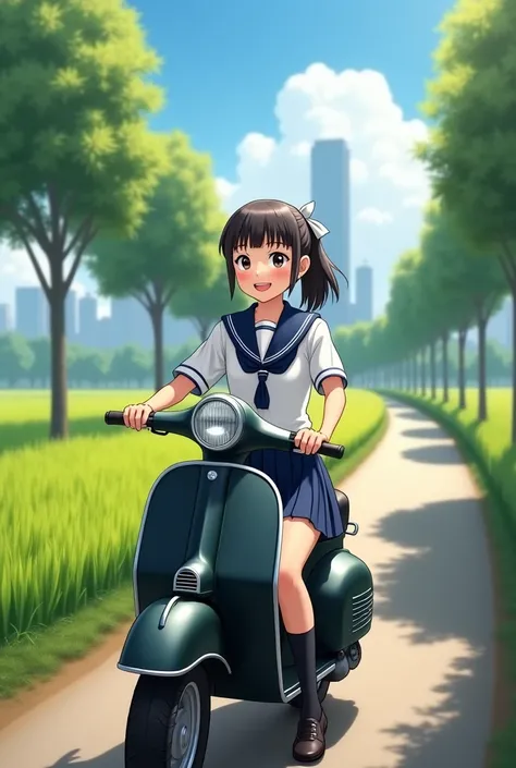 A cheerful Thai schoolgirl sitting on a black vintage-style scooter, wearing a traditional Thai student uniform with a white shirt and navy blue skirt, and her hair tied back with a white ribbon. She is smiling warmly while parked on a small road beside lu...