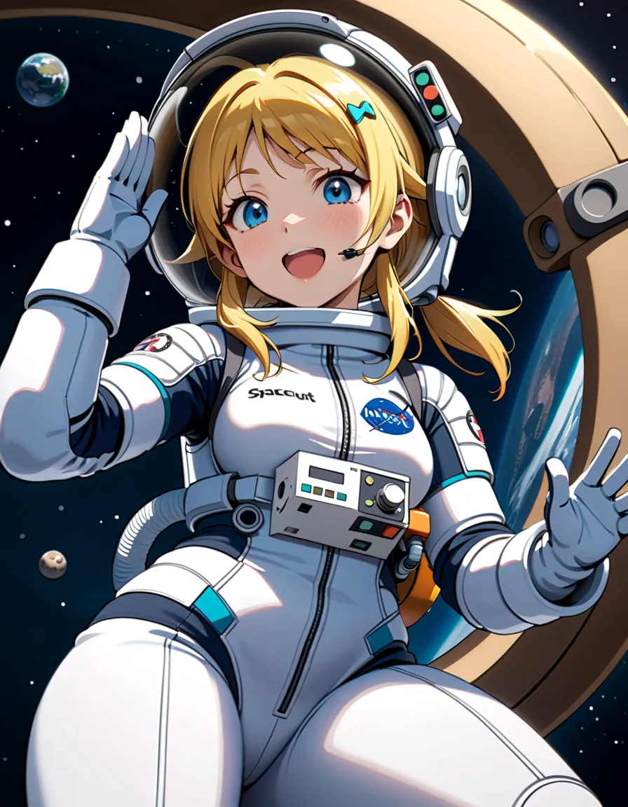 (spacesuit:1.15), white cargo pants, astronaut)bubble helmet, space helmet, white gloves , , looking close at you, outer space, ...