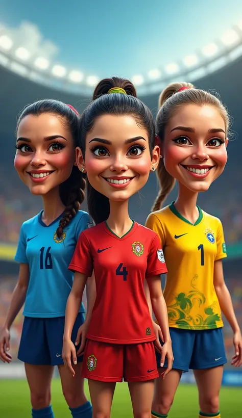 Georigina Redriguez, Antonella Reccuzzo, Bruna Biancardi- A highly detailed, cinematic-style caricature of the famous soccer player, featuring a large head with exaggerated features, a big smile, and vibrant colors. The player wears a Georigina Redriguez P...