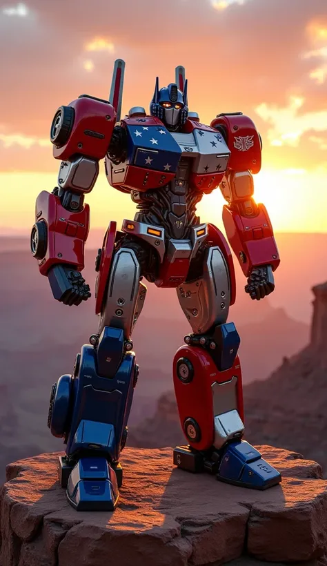 Imagine a heavily armored mech with red, white, and blue colors of the American flag, standing on the edge of the Grand Canyon, surrounded by a glowing sunset. Highly detailed, realistic rendering, 8k, photorealistic.