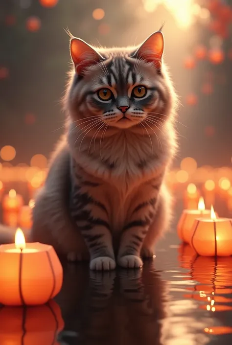 ((Cat,  highest quality ,  Highest image quality ,  High resolution ,  photorealistic , foto RAW,  extremely detailed unified CG 8k wallpaper)), floating lanterns, underneath, 