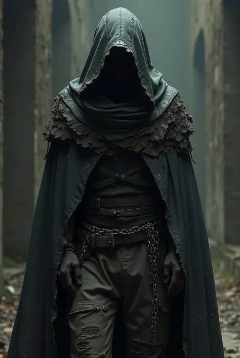  Hooded cloak :  Black or dark gray with leather inserts ,  with torn or worn edges ,  as if she has gone through many challenges .  Hood can hide the face or be a symbol of invulnerability .

 metal ornaments : skin,  worn fabric ,  faded stripes ,  creat...