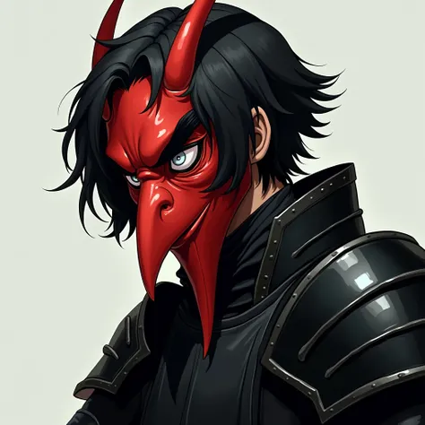 Hair black as night.  thick eyebrows.  looking sideways. He is wearing a red tengu mask that covers his round, long-nosed face. Shorthair in black armor . 