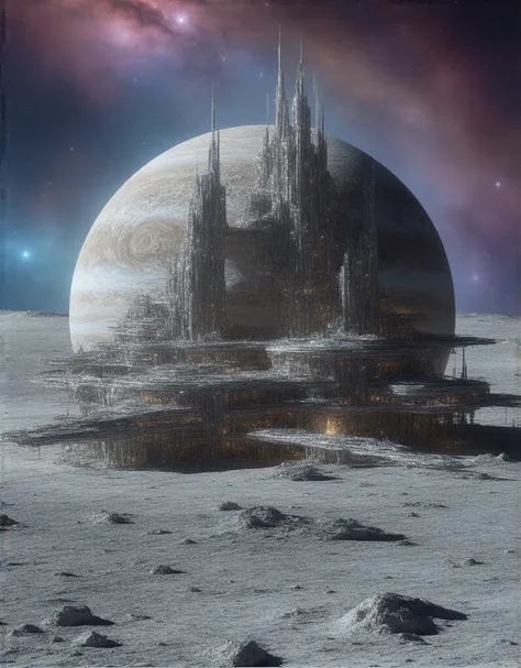 (((Moon Base))), A breathtakingly detailed depiction of a futuristic, technologically advanced moon base, colonized on the surface of Jupiters moon, Io. This scene is observed from a distant vantage point in space, showing the entire moon in a single frame...