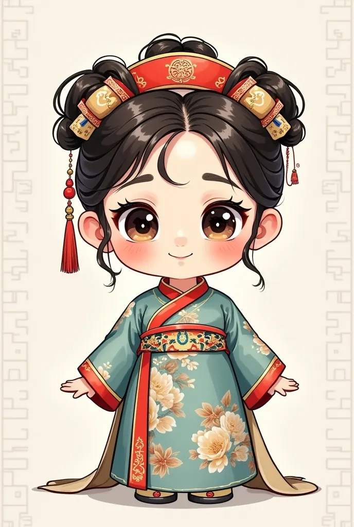 cute，cartoon，qing dynasty small grid with big eyes，portrait，alone，flag head ，hanfu，robe