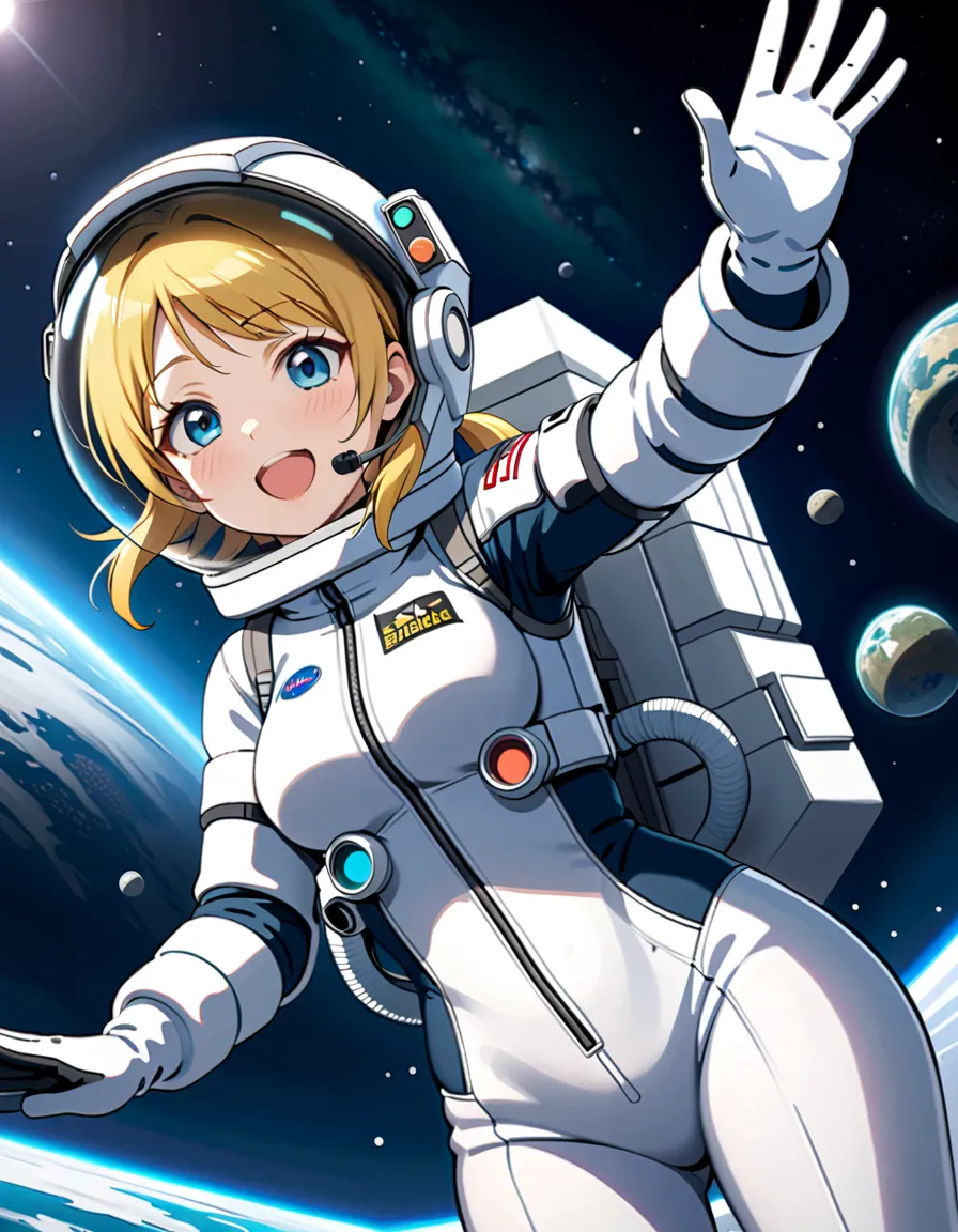 (spacesuit:1.15), white cargo pants, astronaut)bubble helmet, space helmet, white gloves , , looking close at you, outer space, ...