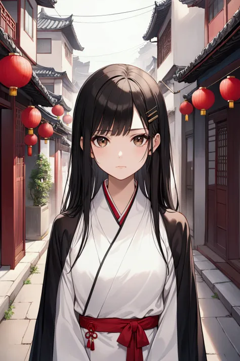  A 23-year-old girl with black hair with a clip from traditional China is wearing a white kimono.  She has brown eyes she stands with a serious face in the middle of a street in China . Small face and straight nose 