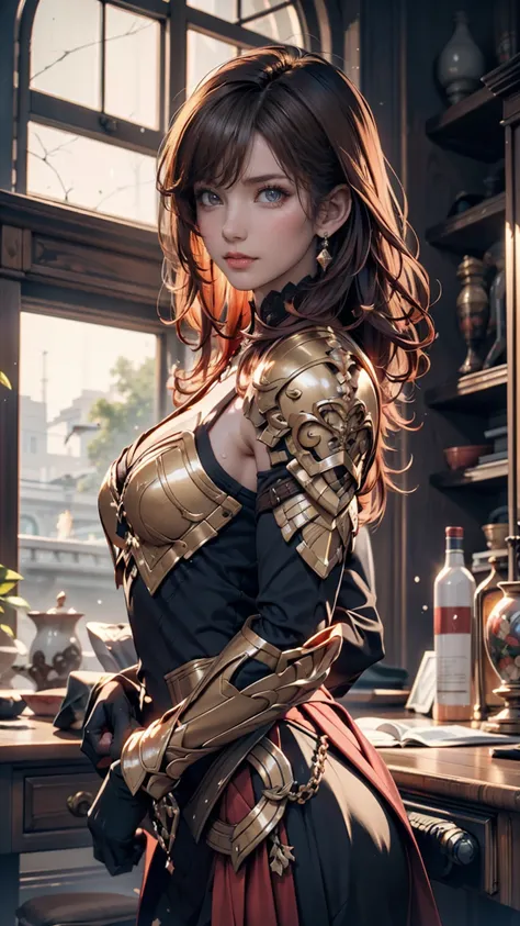 1 female, In the mouth, armor, Red Hair, Combat pose, PhotoRealistic, HyperRealistic,  High Details,  analog style , Bent over,  discreet , Low Cut,  detailed skin, Matte skin, soft lighting, Scattered beneath the surface, Realistic,   Heavy Shadow  , mast...