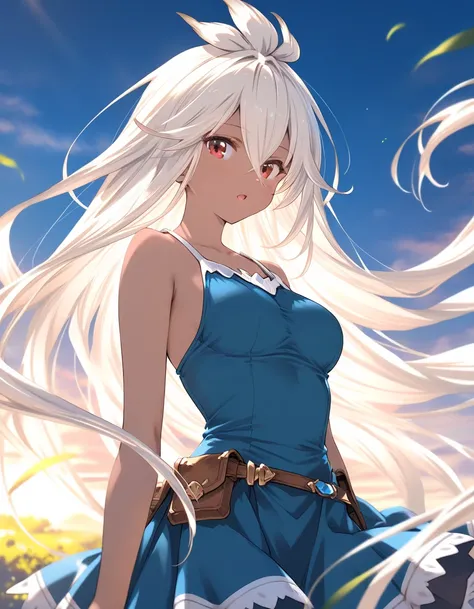 1girl, zooey_(granblue_fantasy), little female, dark-skinned female, very long hair, white hair, red eyes, beautiful detailed eyes, medium breasts,  open mouth, outdoors, wind, game CG break,((artist:shida_kazuhiro)),(artist:mitsumi_misato),(artist:fujiyam...