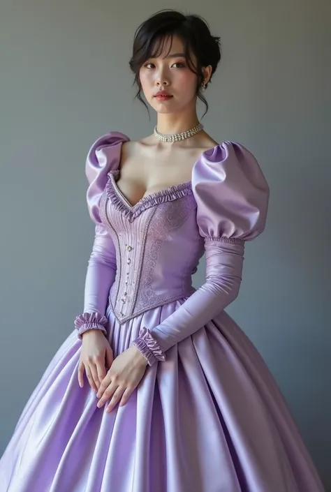 A Korean man in ladies victorian dresses, he is crossdresser, big breasts like a woman, slender female body, His hairstyle is short and manly, long sleeves, light purple, vintage dress, rococo dress, silk, satin, full body shot