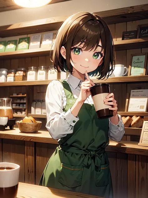 Brown Hair、Green Eyes、Short Hair、（Dark green apron、Coffee shop clerk:1.3）、shelf、female、A cozy cafe、smile、 College Student 、 closed mouth 、solo、 Anime Style :1.3