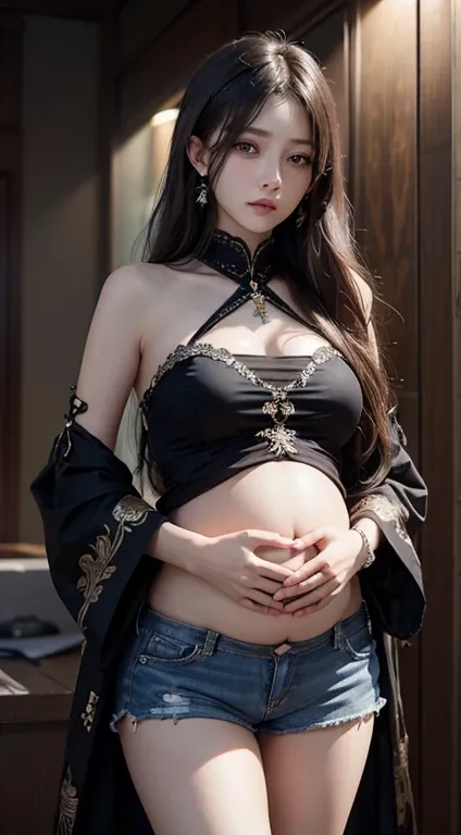 Realistic,  high resolution , 1 female,  hip up ,  beautiful eyes, Long hair,  dark circles in the eyes , Jewelry,  shorts里面穿高腿内裤, Tong,  shorts，Pregnant woman&#39;s belly，Pregnant woman&#39;s belly