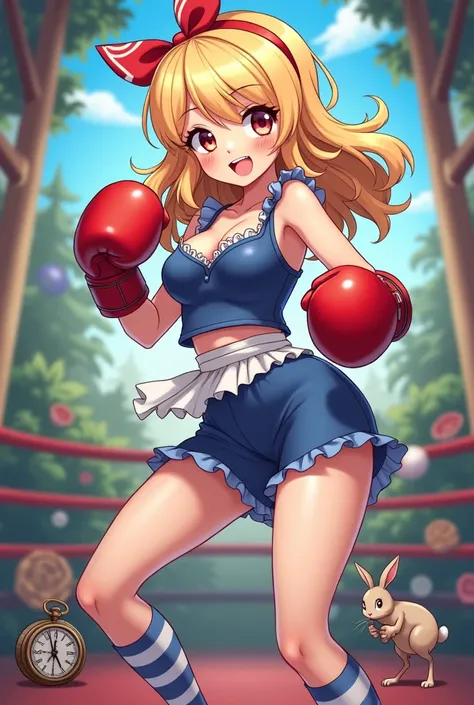 (Amazing. Super high quality. So beautiful. Super detailed. Perfect face. Perfect eyes. Perfect anatomy. A masterpiece. Incredible.) Vibrant colors. 2D, Japanese anime cel style. Blonde boxer girl. Alice in Wonderland. Loli. Detailed big eyes. Throwing a d...