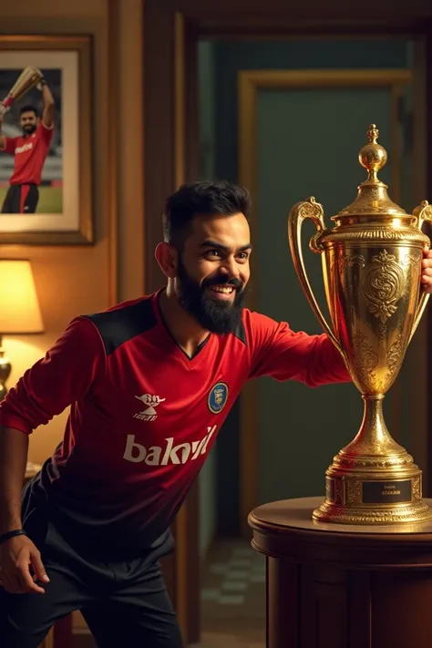 Heres a prompt for your scenario:

"Create an image of a tense and humorous scene in a luxurious cricket players room. Virat Kohli, wearing his signature red and black jersey, is stealthily sneaking into MS Dhonis room, looking around cautiously. He has a ...