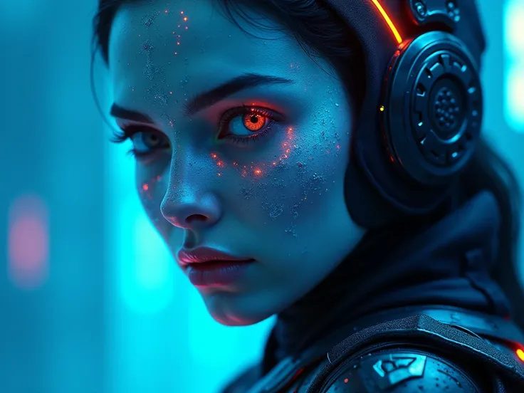 FACE WOMAN lasers, powerful armor, sharp look, Frost, Calls, perfect details, Best Quality, 4k, High resolution, masterpiece:1.2, ultra detailed, realist: 1.37, HDR, studio lighting, vivid colors, cyberpunk, Futuristic style, lcy Blue Color Scheme, dynamic...