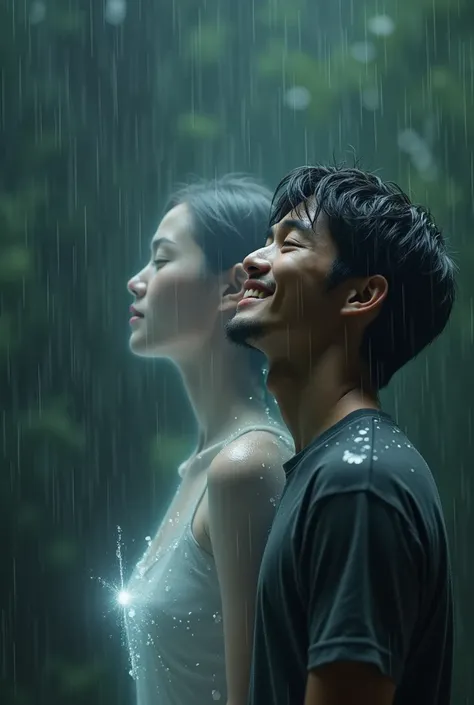 A 28 years old boy happy in heavy rain. With him his death Christian girlfriend soul who wear a croos lockets. Boy dont have any lockets.