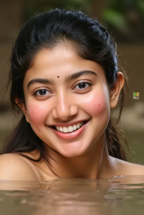 Sai pallavi,soaking in the river with full his body in the water,wet black hair in a ponytail,smiled cheerfully,with the forest at night,best quality realistic detailed photography.8k hd