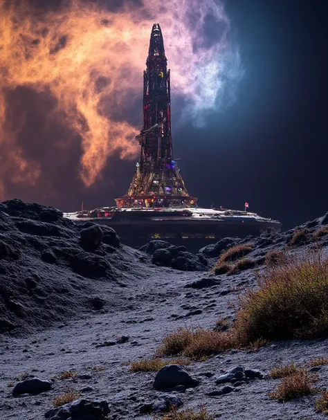 (((Moon Base))), A breathtakingly detailed depiction of a futuristic, technologically advanced moon base, colonized on the surface of Jupiters moon, Io. This scene is observed from a distant vantage point in space, showing the entire moon in a single frame...