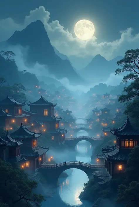 A panoramic view of an ancient Chinese town at night is vaguely visible under the moonlight and fog