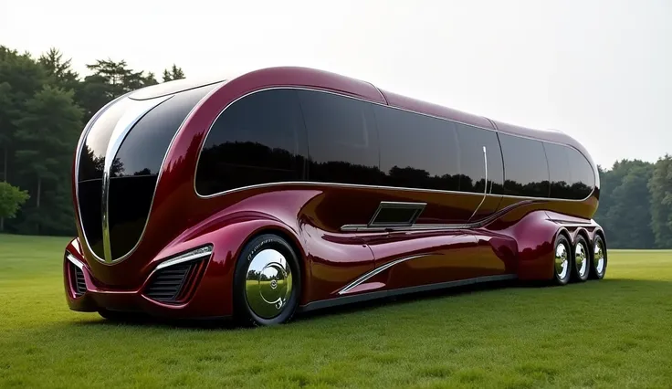 2025 kenworth T-2000 full red Design a luxurious showroom longer motorhome built on a heavy-duty truck chassis, featuring a sleek maroon exterior with white accents and modern aerodynamic design. The motorhome should include large windows, polished chrome ...