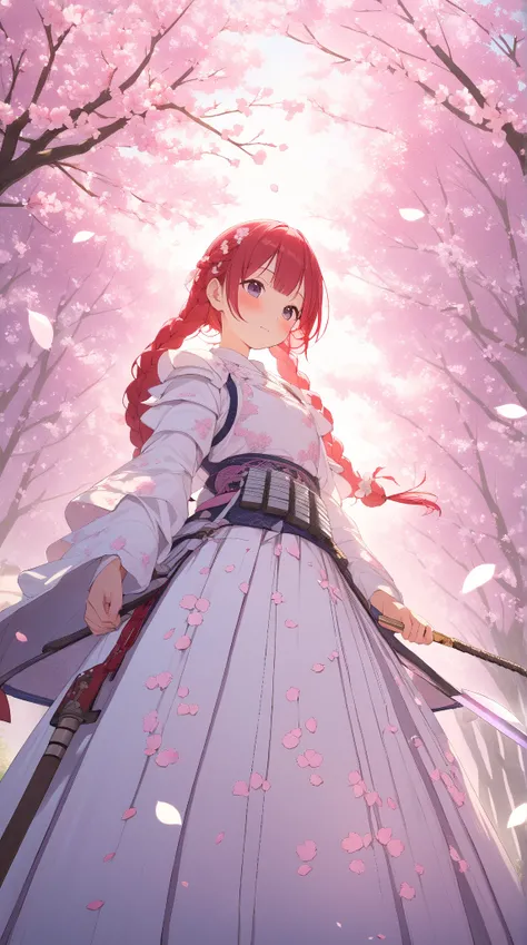 1 girl, ( cute face), Braided Hair, to many hairstyle, (blush:1.2),  small breasts,  Fantasy Samurai Armor, knife,  Pottery skin ,  Cowboy Shot, break,  Shining Moonlight , ( Soft Light:1.2), Gentle Shadow , break,  Under a Beautiful Cherry Blossom Tree , ...