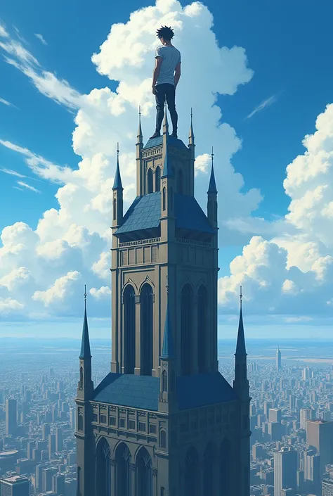 An handsome anime guy at the top of the tower looking down. holding on the very top of the tower
