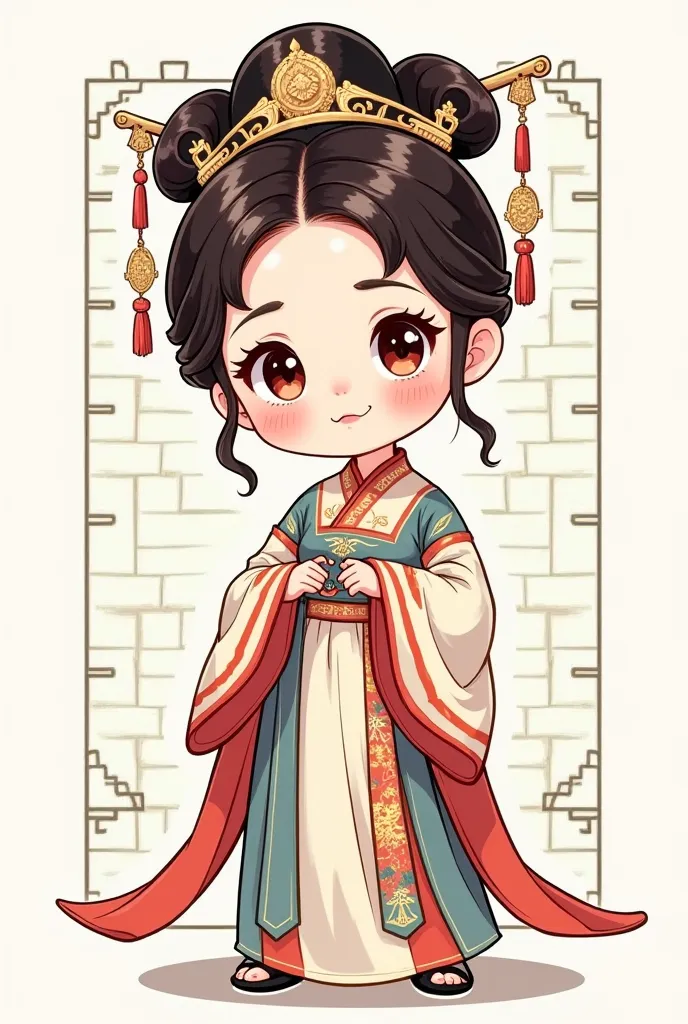 cute，cartoon，qing dynasty small grid with big eyes，portrait，alone， high bun+flag head +official hat，hanfu，robe， bright color