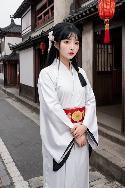  A 23-year-old girl with black hair with a clip from traditional China is wearing a white kimono. She has brown eyes standing in the middle of a street in China. Small face and straight nose 