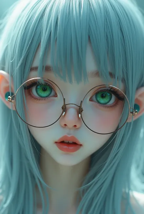  angelic beauty .  slightly droopy eyes .  Clear blue-gray hair that touches under his shoulder blades .  Round glasses with a thin silver frame draped over a well-stretched nose.  emerald eyes. Blue-grey eyelashes .