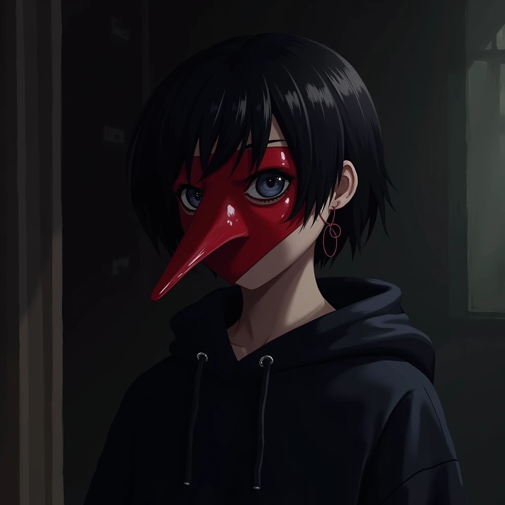 Hair black as night.  looking sideways. Im wearing a red mask to cover my long-nosed face.  black hoodie, Shorthair. 