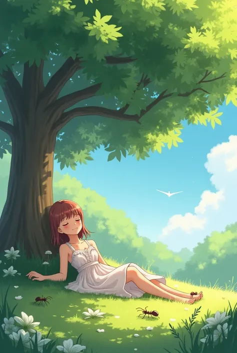 Adult girl in the park under a tree in anime style. This girl fell asleep ,  without noticing how she sat on a mound. Ants started crawling under her clothes