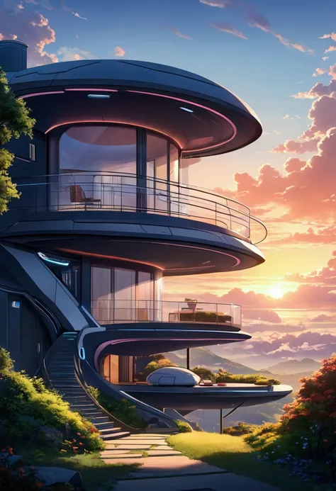 Anime futuristic home, morning 