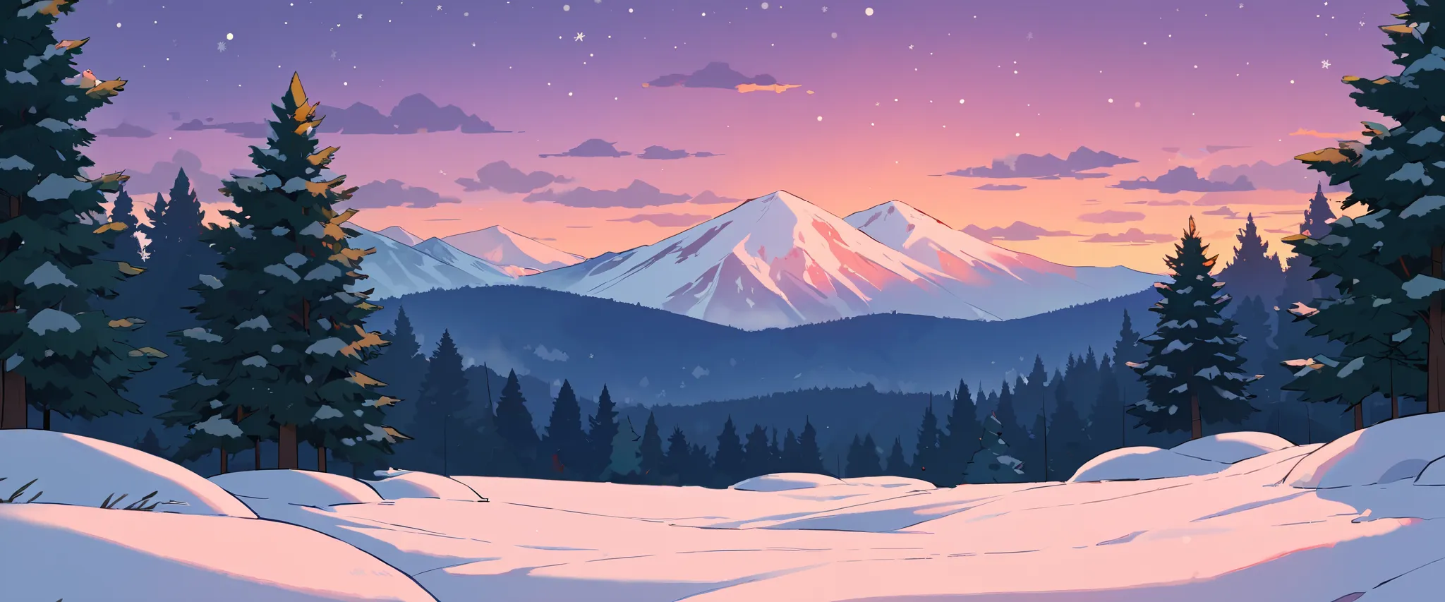 christmas vibes ultrawide ,cozy ,lofi ,landscape ,forest ,mountain