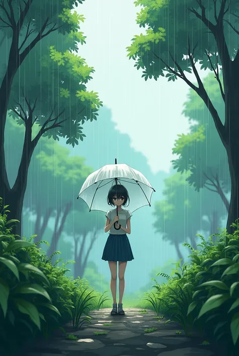 A alone adult anime Girl stand with transparent umbrella in a rainy day with beautiful nature. 
Image for wallpaper. 