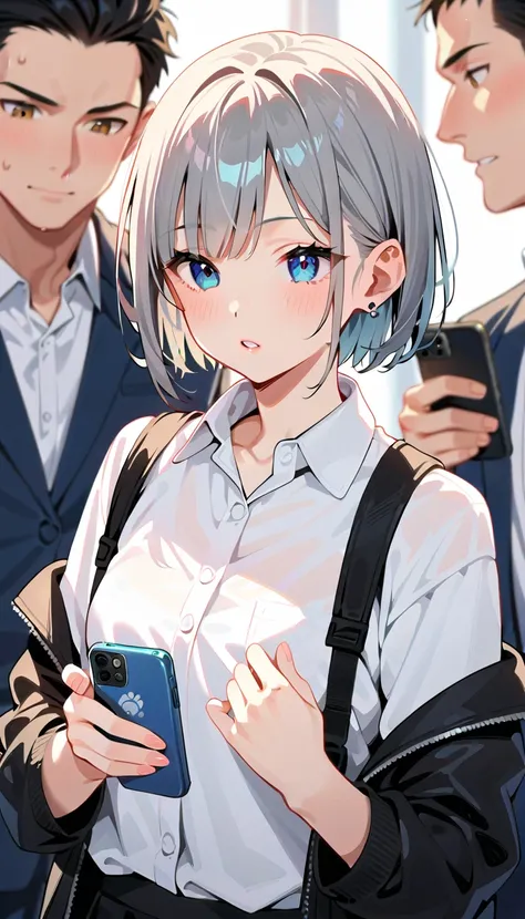 multiple boys, phone, shirt, white shirt, cellphone, jacket, short hair, holding phone, blurry, black hair, 1girl, holding, grey hair, 2boys, collared shirt
