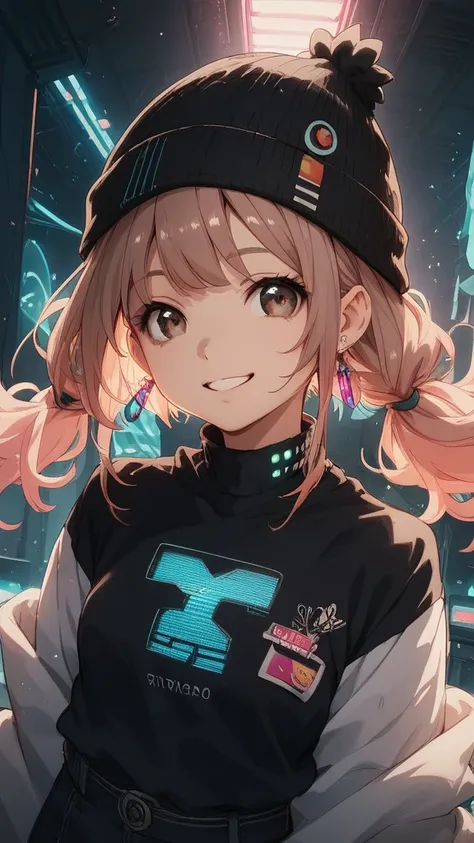 "A cheerful anime girl with long, pink twin tails neatly styled and framing her face, wearing a small black beanie and delicate cross earrings that catch the light. Her warm brown eyes sparkle with excitement, emphasized by directional lighting that softly...