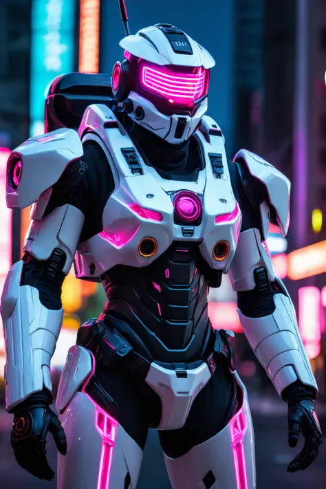 a futuristic swat automaton, glowing one eye, rebreather, antenna on helmet, white armor, pink lining, mecha, rifle on hand, 2 meters tall, dark city background, neon city lights, full body, cinematic lighting, dramatic angles, photorealistic, highly detai...