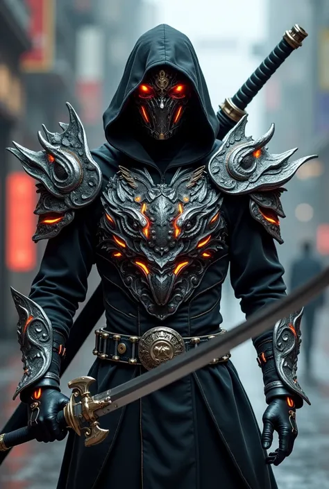 A man Cyber ninja with dragon Katana  . His shield suit is like a ninja wearing a hoody and there is a dragon concept around his shield suit and a mask that has a dragon complexion. His shield suit is like a Kamen rider sut 
